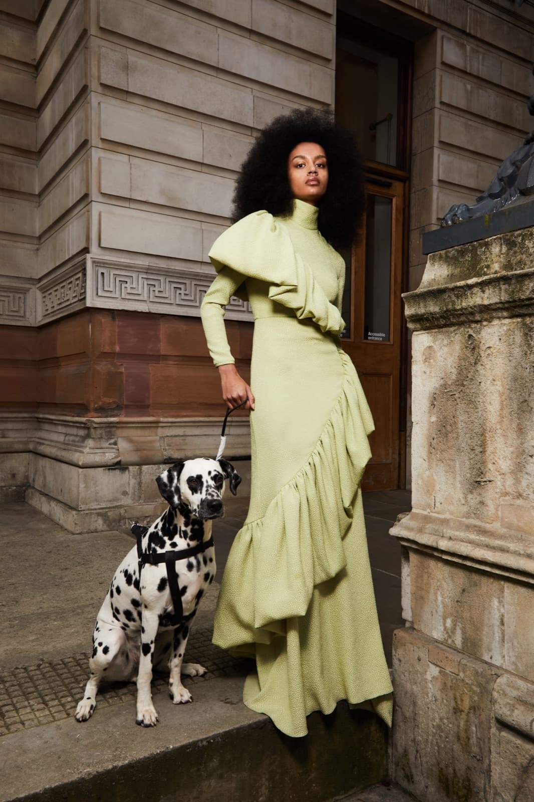 A full natural afro paired with a chartreuse ruffled gown.